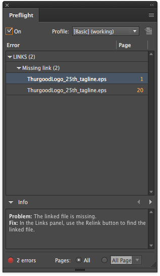 InDesign Preflight Panel Errors